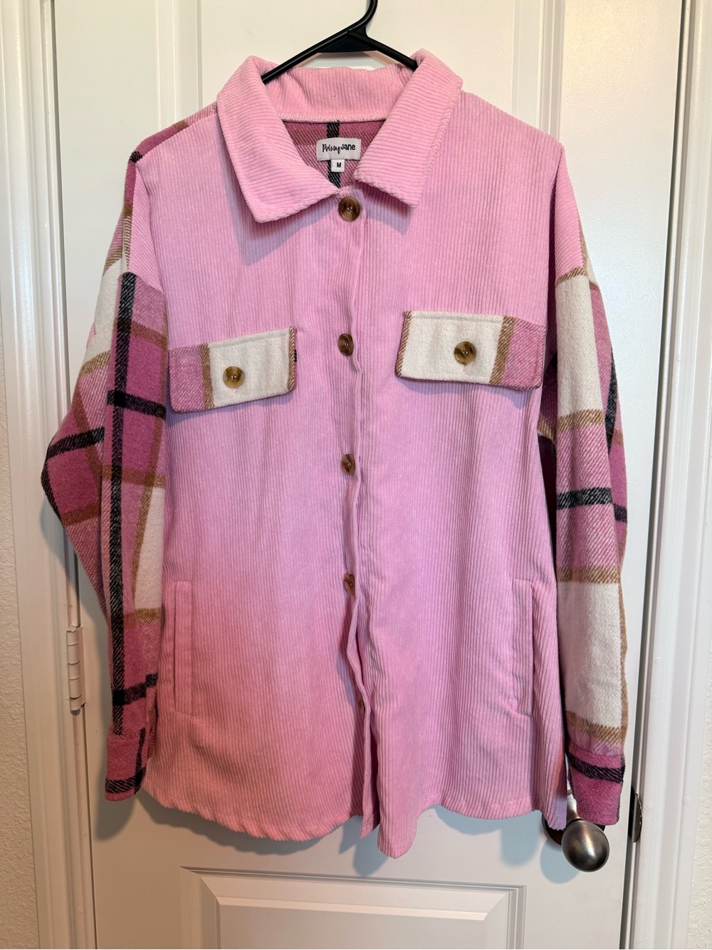 Prissy Jane Pink Plaid Sleeve Corduroy Shacket - medium, oversized, cozy, layers